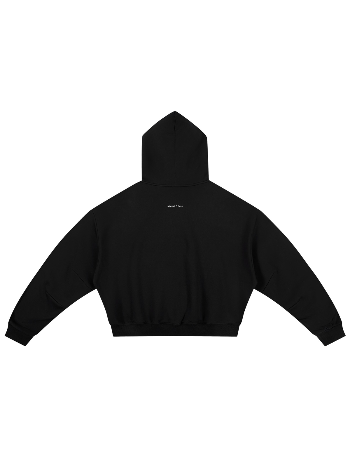 Unisex boxy darted sleeve hoodie in Black, back view on white. Marcel Afters