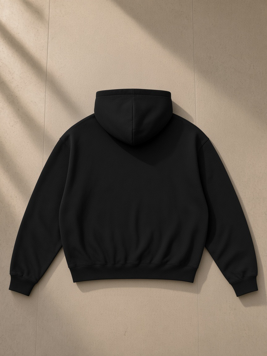 Unisex boxy darted sleeve hoodie in Black, laid flat on pale limestone, back view