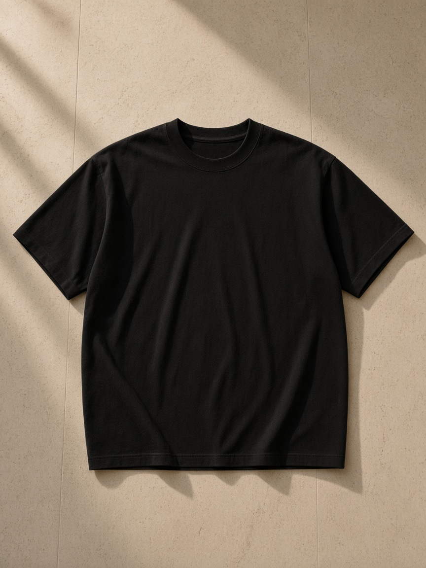 Sueded Cotton T-Shirt in Black, laid flat on pale limestone