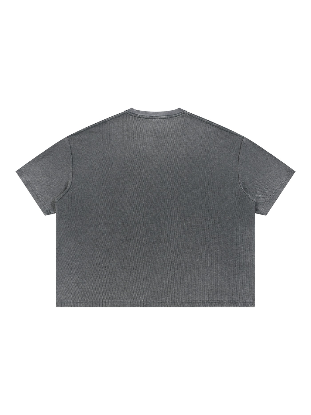 Unisex vintage wash sunfade boxy waffle t-shirt in Dark Gray, back view on white. Marcel Afters
