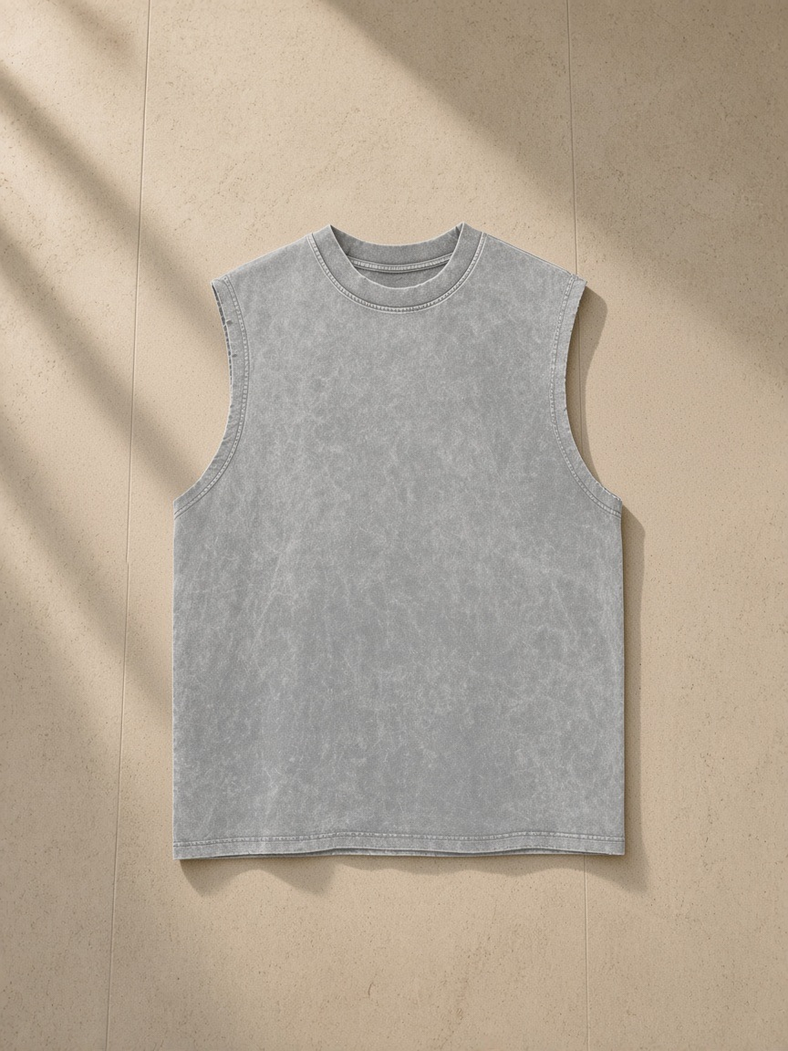 Women's Snow Washed Frayed Hem Tank Top in Light Gray, laid flat on pale limestone