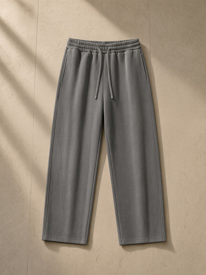 Vintage Washed Waist Pants in Medium Gray, laid flat on pale limestone