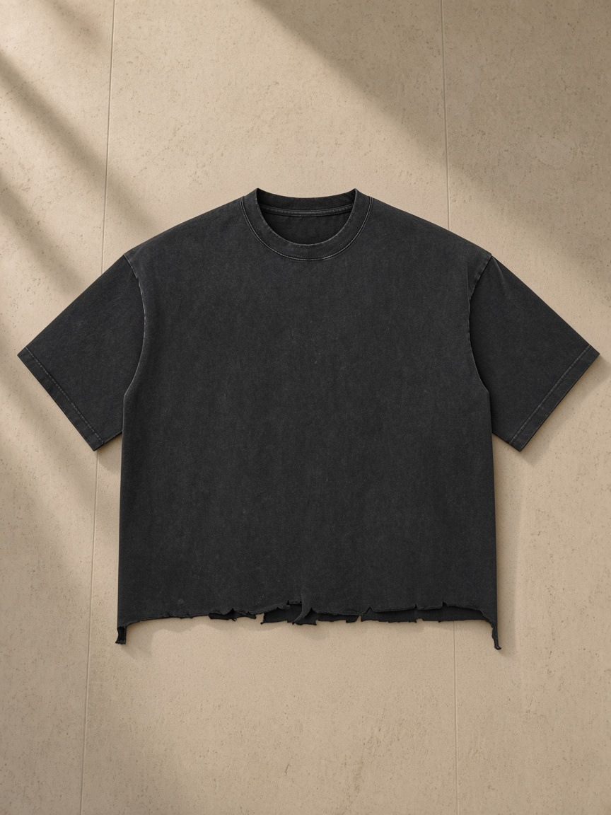 Unisex snow wash raw-hem boxy t-shirt in Washed Black, laid flat on pale limestone