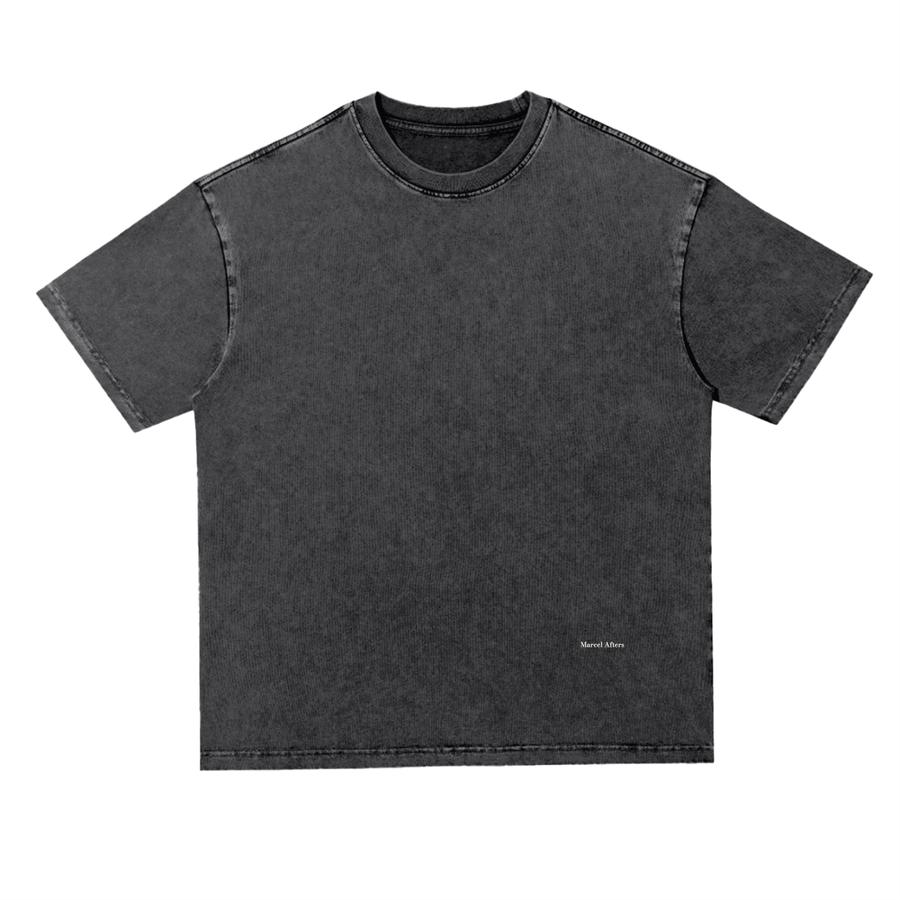 Snow Washed Heavyweight Oversize T-Shirt in Black, front view, small Marcel Afters wordmark at the lower left front.