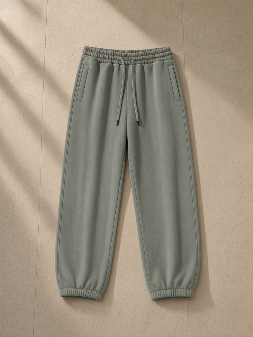 Heavyweight Fleece Joggers in Grayish Green, laid flat on pale limestone