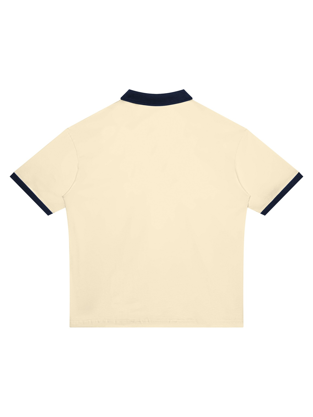 Unisex color block polo shirt in Apricot with Navy Blue, back view on white. Marcel Afters