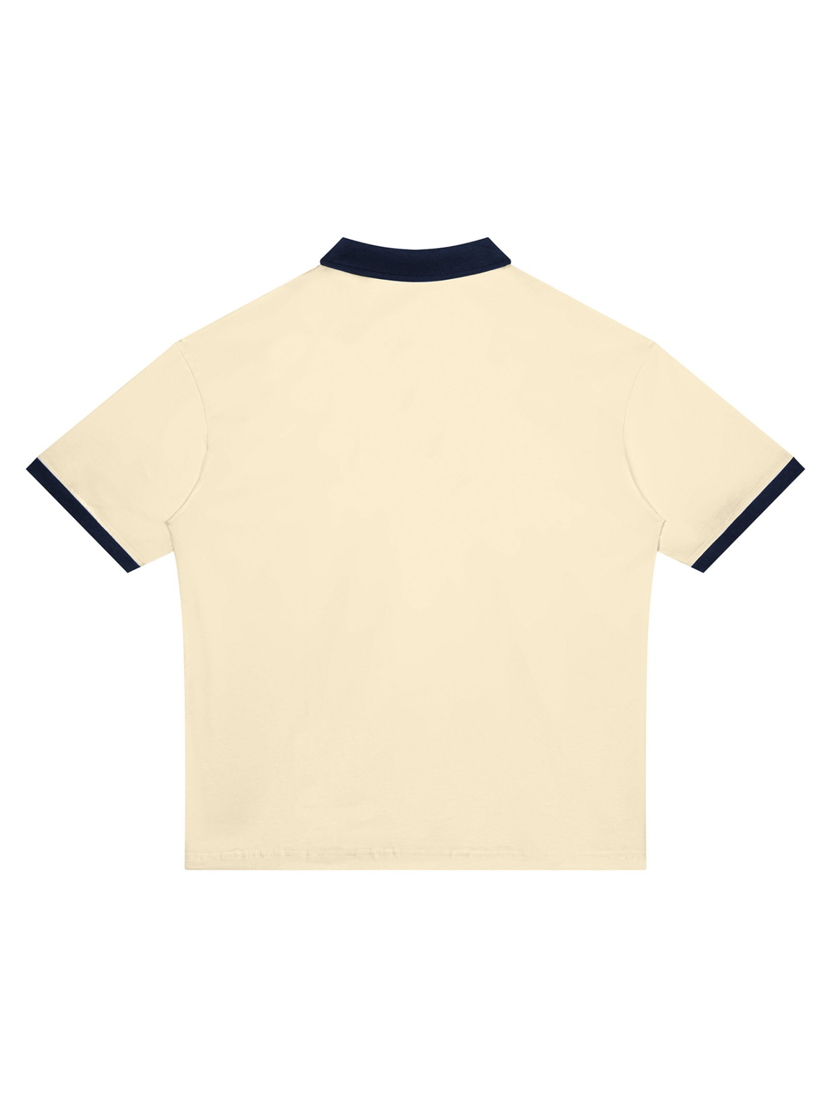 Unisex color block polo shirt in Apricot with Navy Blue, back view on white. Marcel Afters