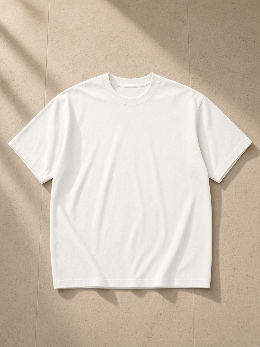 Lightweight crewneck t-shirt in White, laid flat on pale limestone