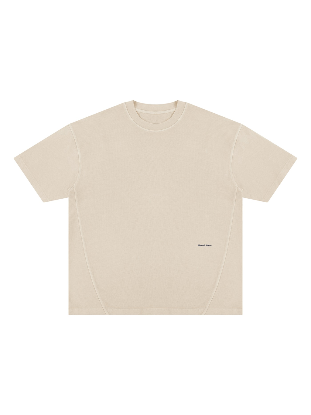 Unisex vintage wash paneling t-shirt in Apricot, front view on white. Marcel Afters
