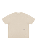 Unisex vintage wash paneling t-shirt in Apricot, front view on white. Marcel Afters