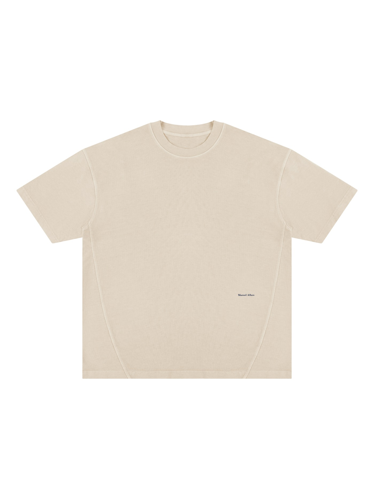 Unisex vintage wash paneling t-shirt in Apricot, front view on white. Marcel Afters