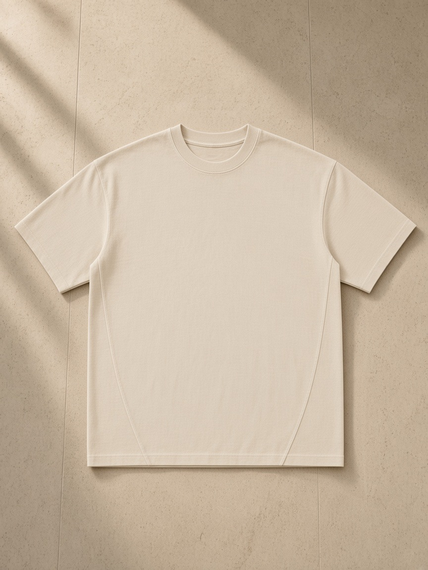 Unisex vintage wash paneling t-shirt in Apricot, laid flat on pale limestone