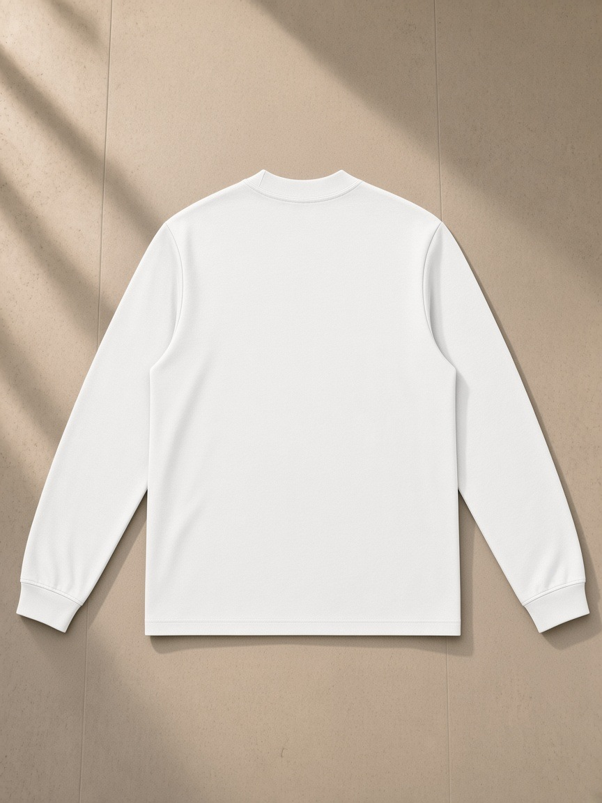 Mock Neck Sweatshirt in White, laid flat on pale limestone, back view