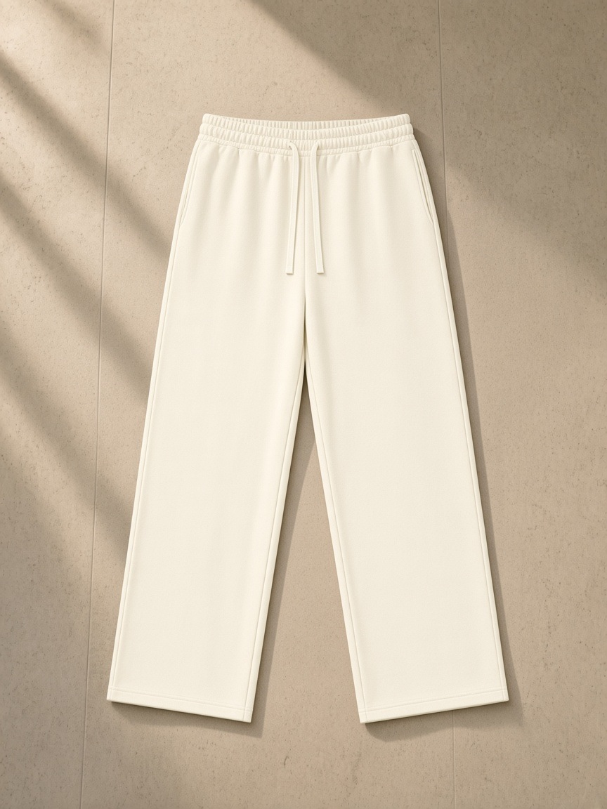 Straight Leg Sweatpants in Apricot, laid flat on pale limestone