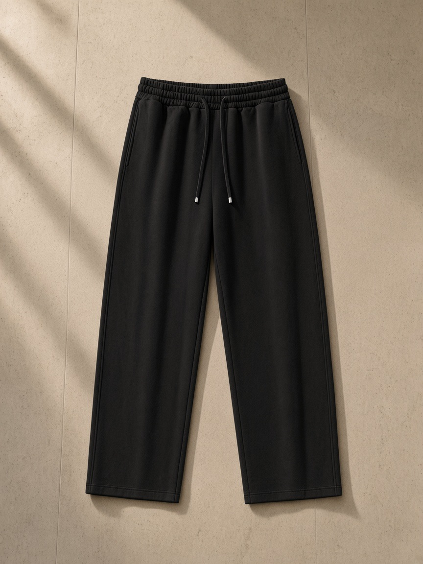 Unisex heavyweight sweatpants in Black, laid flat on pale limestone