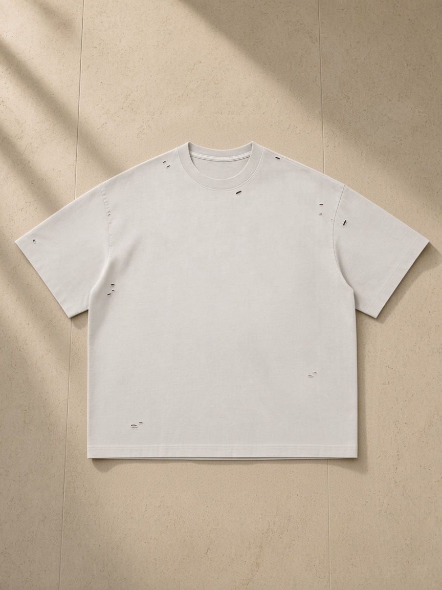 Vintage Washed Distressed Boxy Oversized T-Shirt in Pale Khaki, laid flat on pale limestone