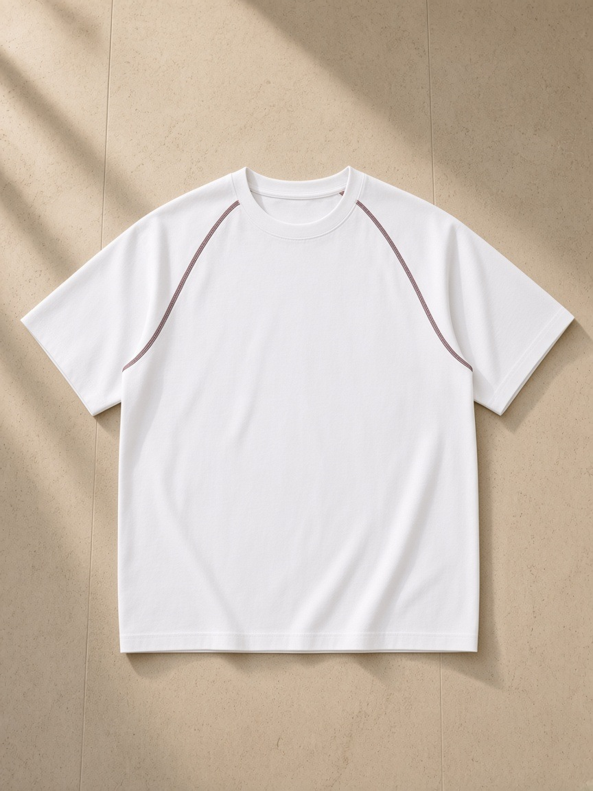 Unisex contrast stitch raglan t-shirt in White, laid flat on pale limestone