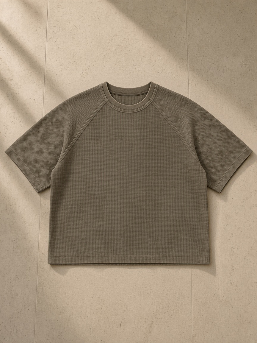 Unisex mineral wash boxy waffle t-shirt in Coffee, laid flat on pale limestone