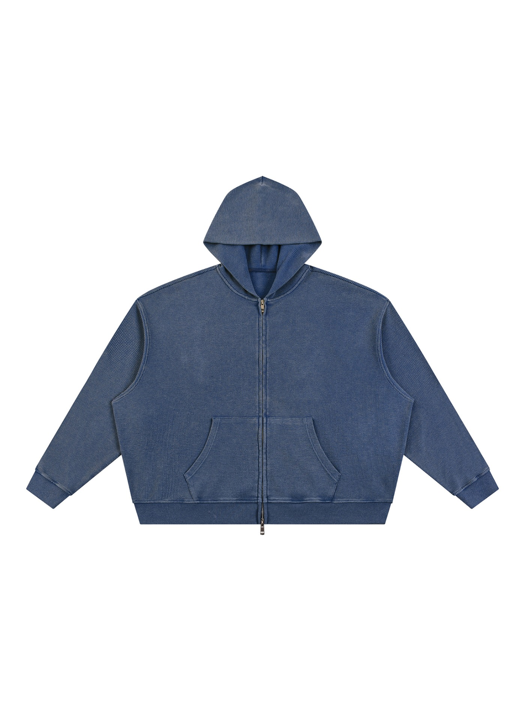 Unisex vintage wash boxy waffle full zip hoodie in Navy Blue, front view on white. Marcel Afters