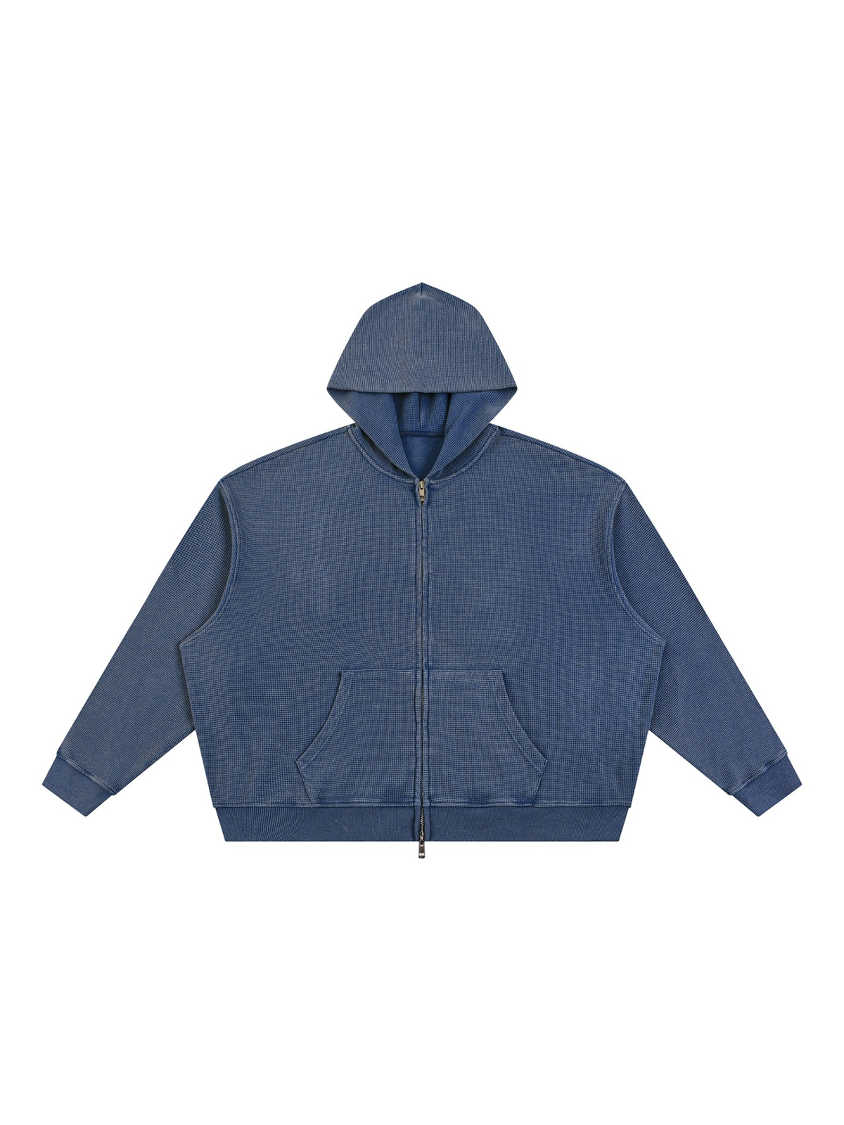 Unisex vintage wash boxy waffle full zip hoodie in Navy Blue, front view on white. Marcel Afters
