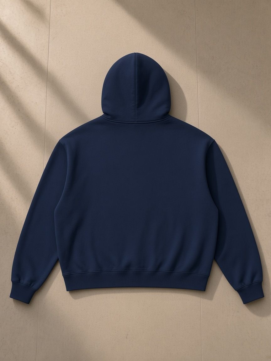 Vintage Wash Boxy Full Zip Hoodie in Navy Blue, laid flat on pale limestone, back view