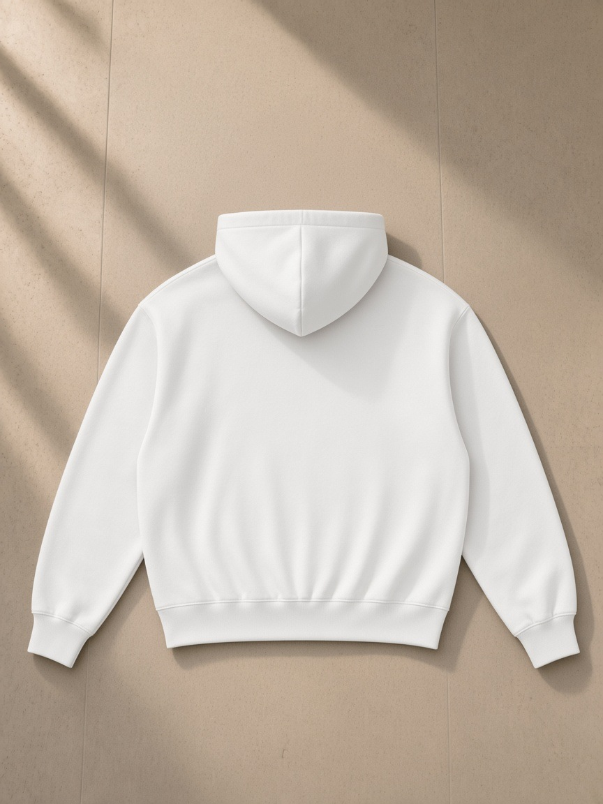 Unisex heavyweight fleece hoodie in White, back view on white. Marcel Afters