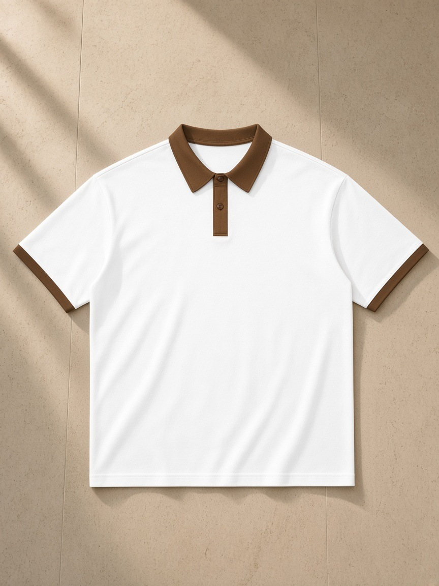 Unisex color block polo shirt in White with Brown, laid flat on pale limestone