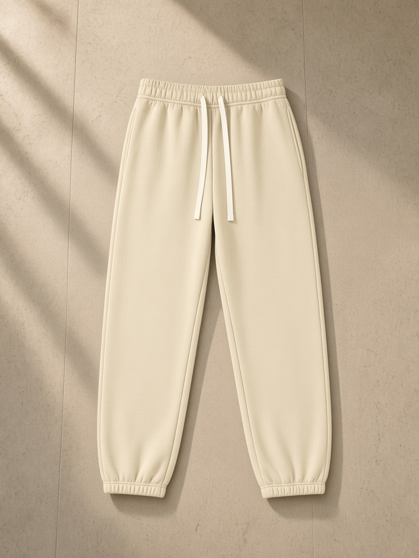 Essential fleece sweatpants in Apricot, laid flat on pale limestone