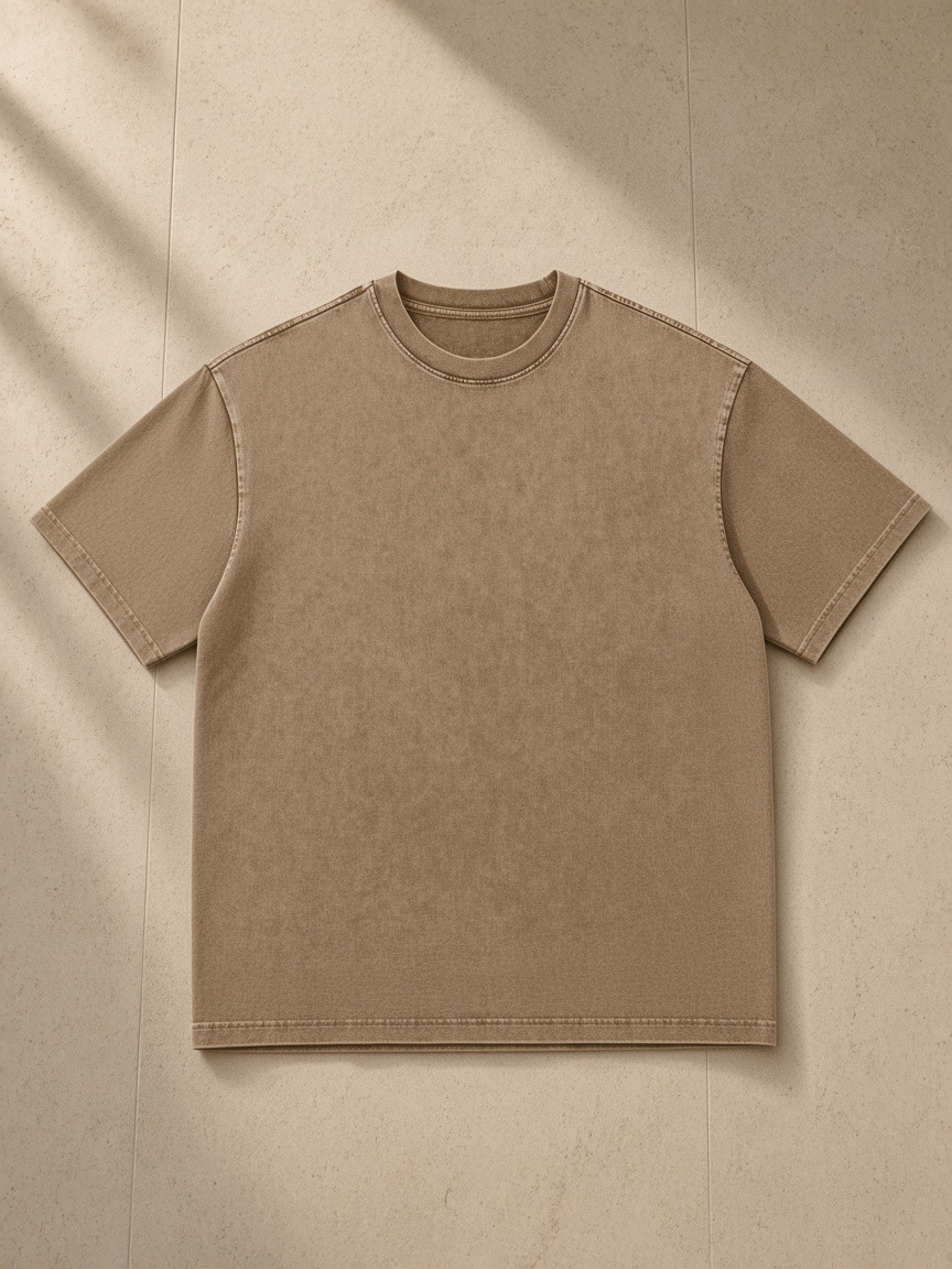 Snow Washed Heavyweight Oversize T-Shirt in Coffee, laid flat on pale limestone