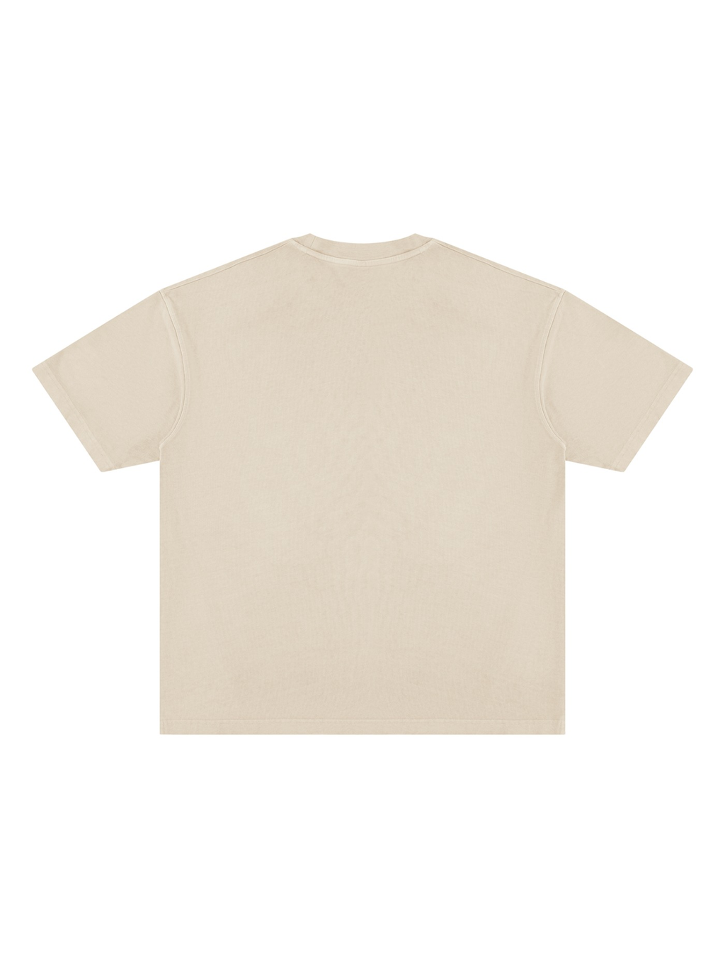 Unisex vintage wash paneling t-shirt in Apricot, back view on white. Marcel Afters