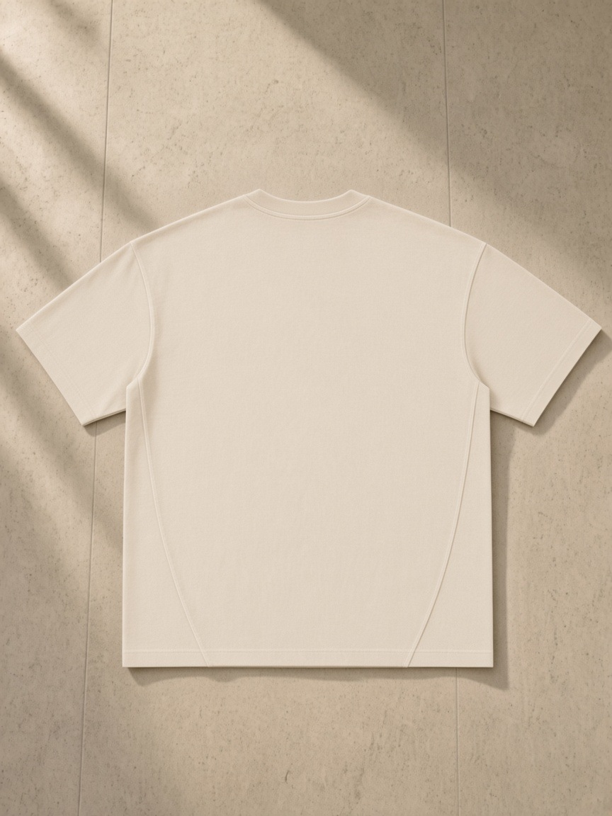 Vintage Wash Paneling T-Shirt in Apricot, laid flat on pale limestone, back.