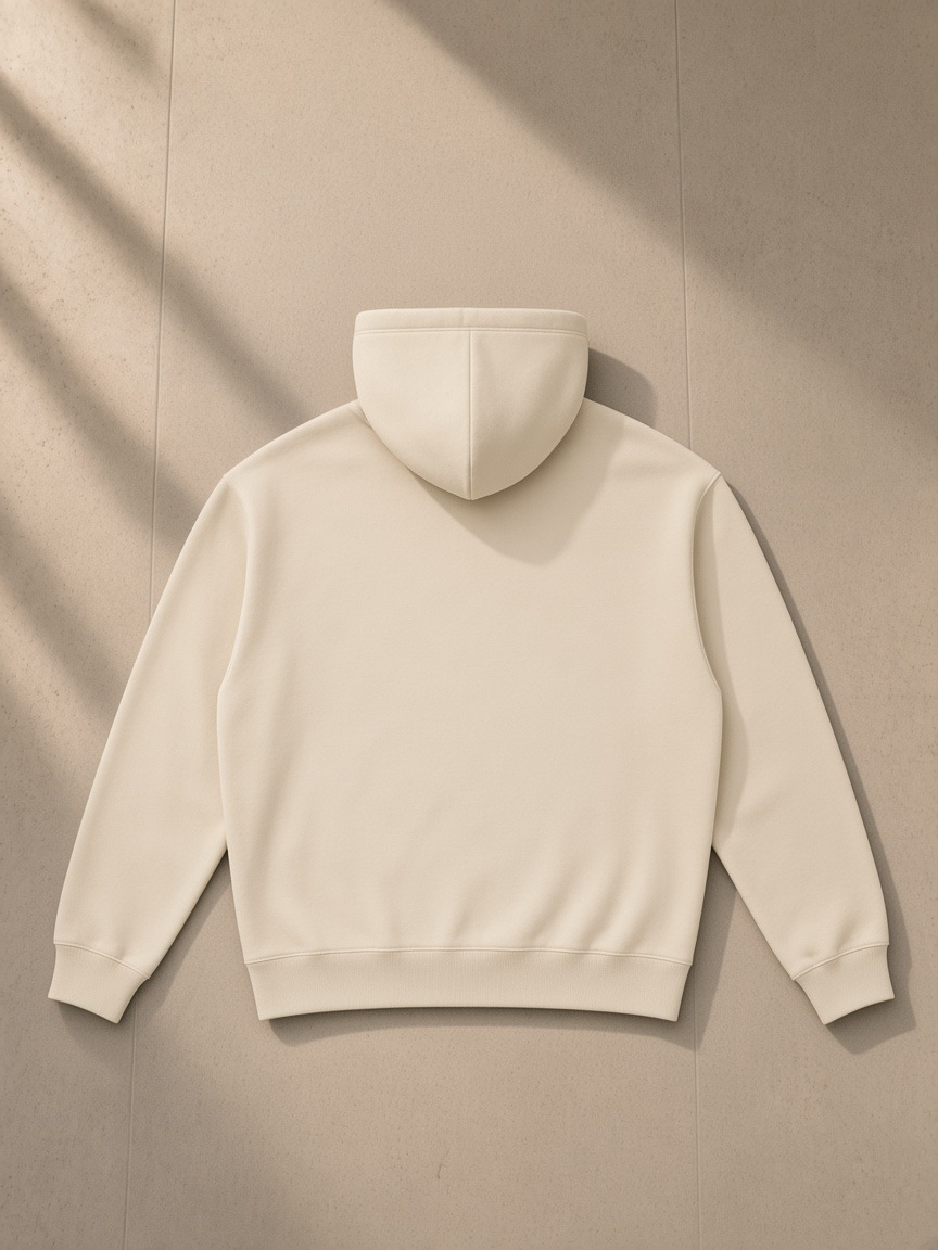 Unisex heavyweight hoodie in Camel, laid flat on pale limestone, back view