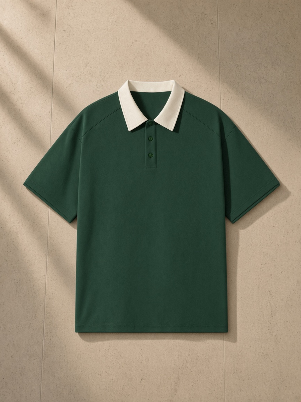 Contrast Collar Raglan Polo Shirt in Dark Green, laid flat on pale limestone, front.