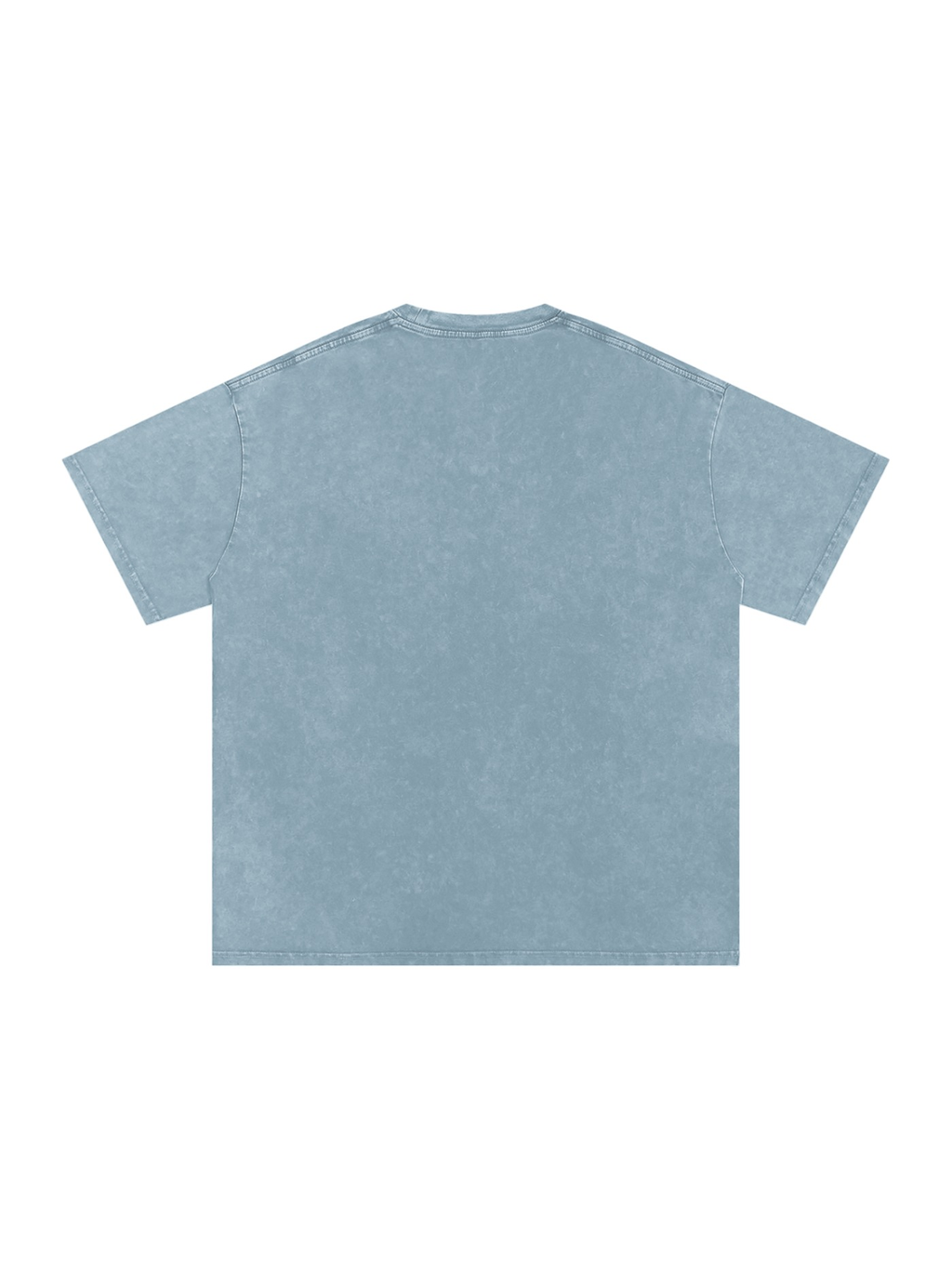 Unisex snow washed oversized cotton t-shirt in Blue Jeans, back view on white. Marcel Afters
