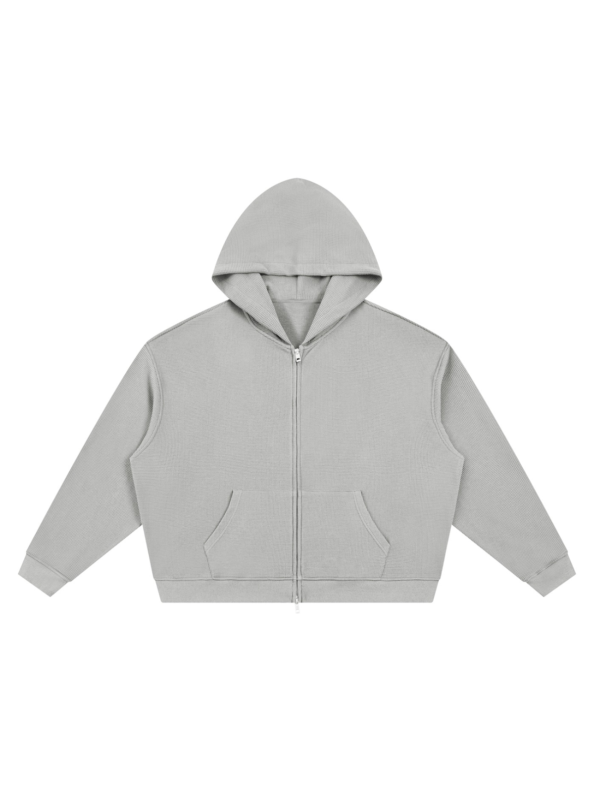 Unisex waffle boxy full zip hoodie in Light Gray, front view on white. Marcel Afters