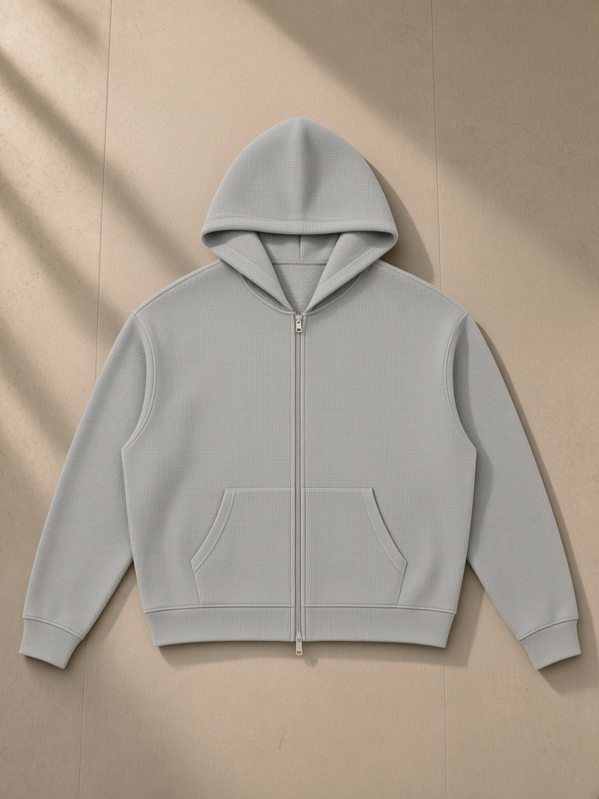 Unisex waffle boxy full zip hoodie in Light Gray, laid flat on pale limestone