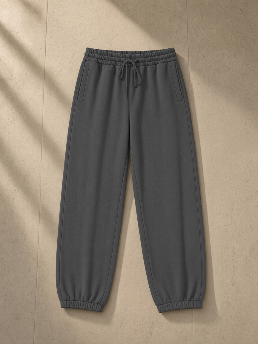 Women's Loose Fit Tapered Joggers in Dark Gray, laid flat on pale limestone