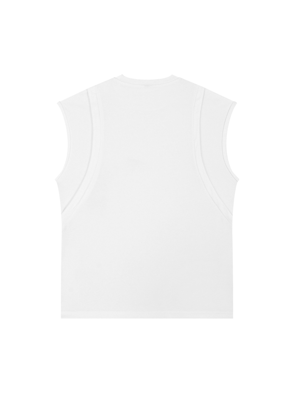 Unisex spliced panel sleeveless muscle t-shirt in White, back view on white. Marcel Afters