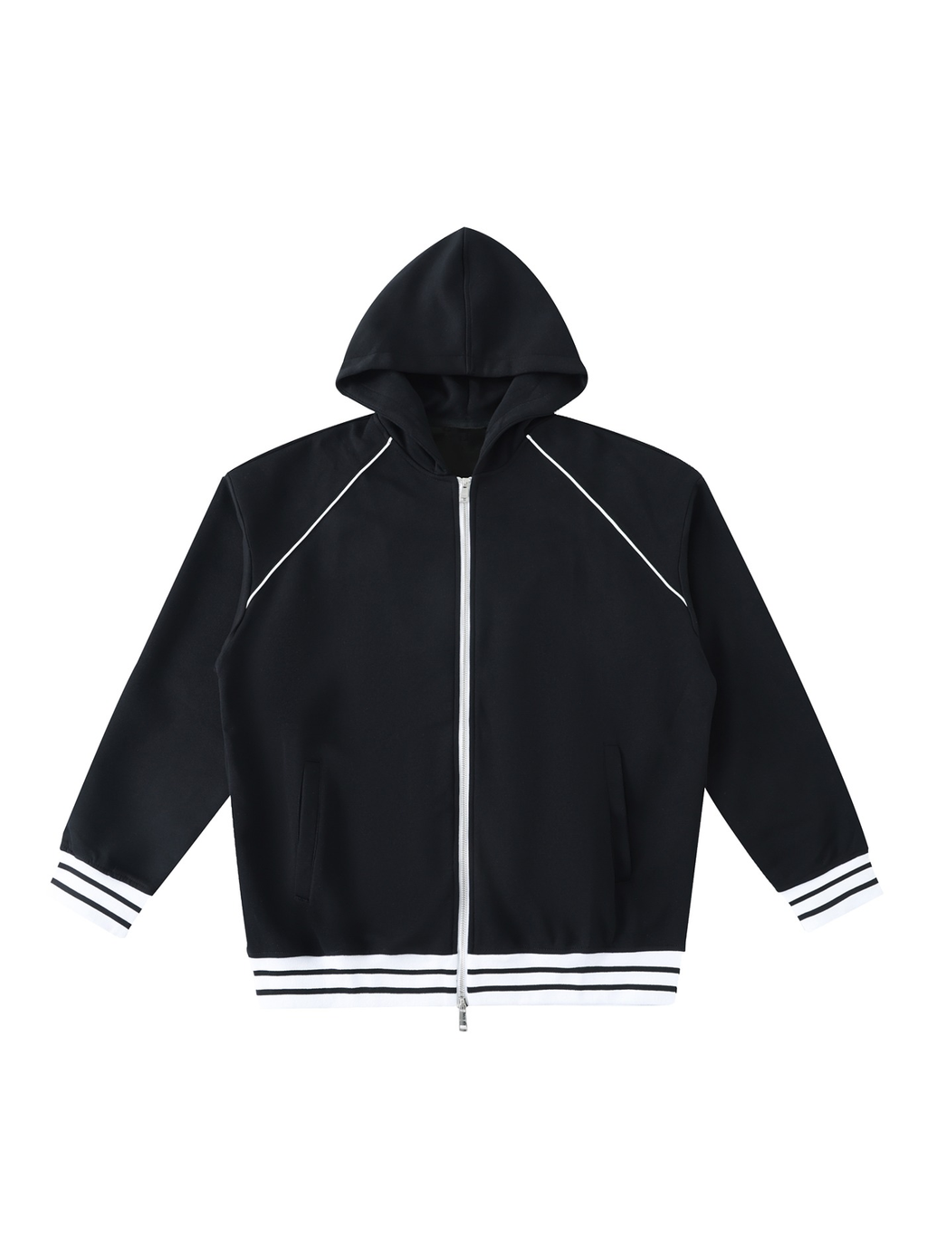 Unisex striped trim zip-up hoodie in Black, front view on white. Marcel Afters