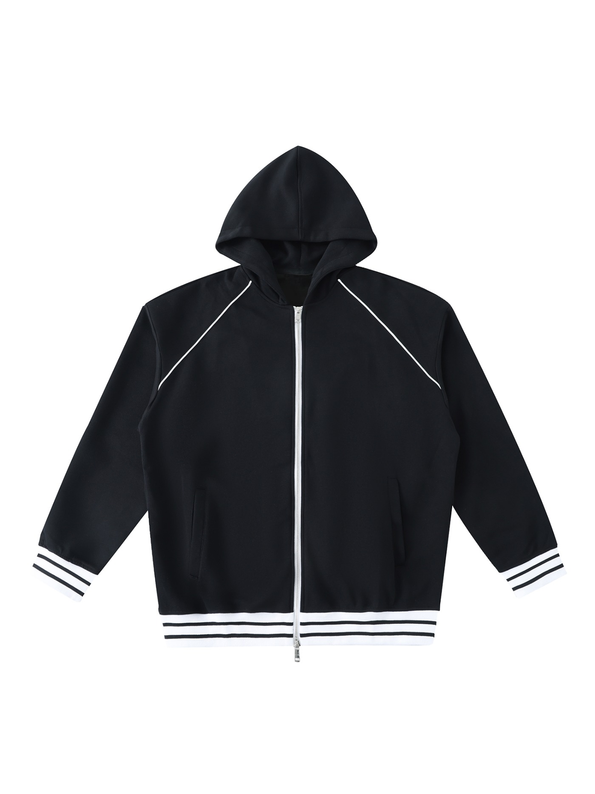 Unisex striped trim zip-up hoodie in Black, front view on white. Marcel Afters