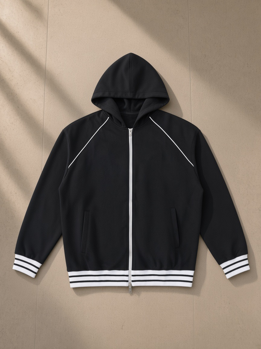 Striped Trim Zip-Up Hoodie in Black, laid flat on pale limestone, front.