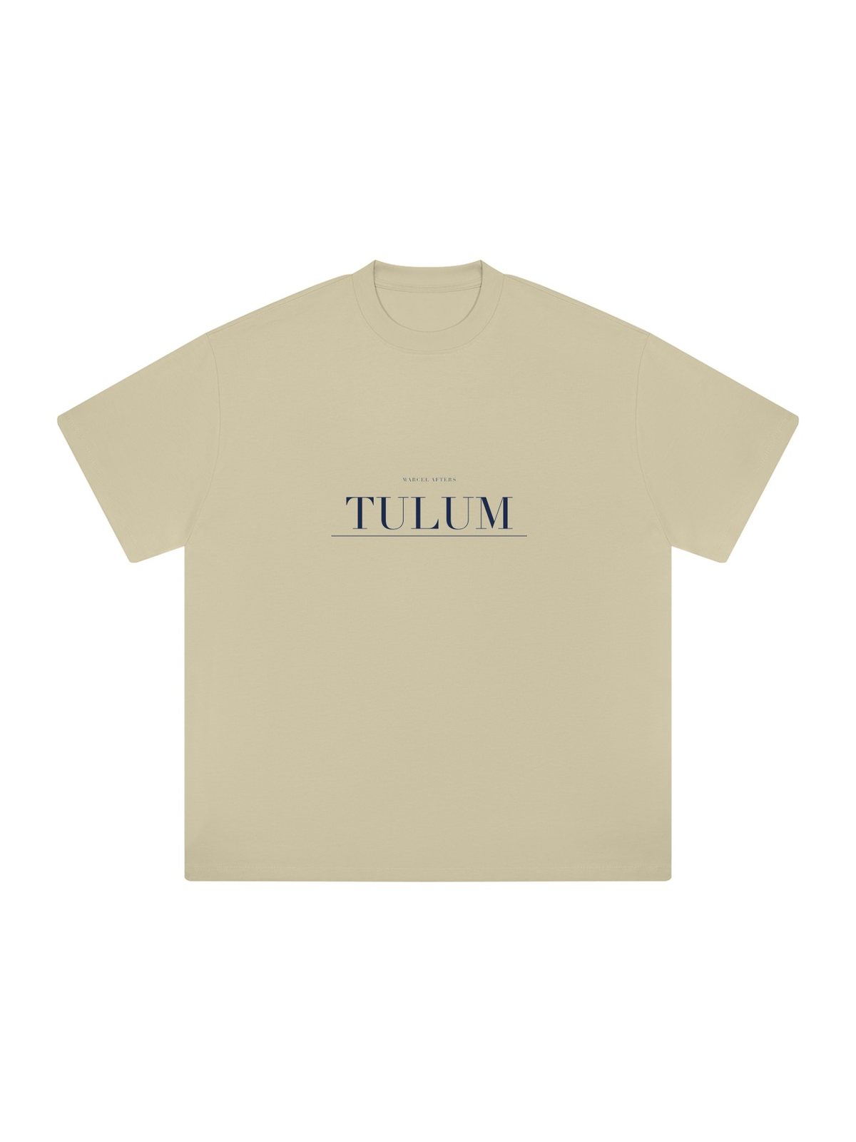 Tulum Heavyweight Drop Shoulder T-Shirt by Marcel Afters in Pale Khaki, front view with the printed artwork, on white
