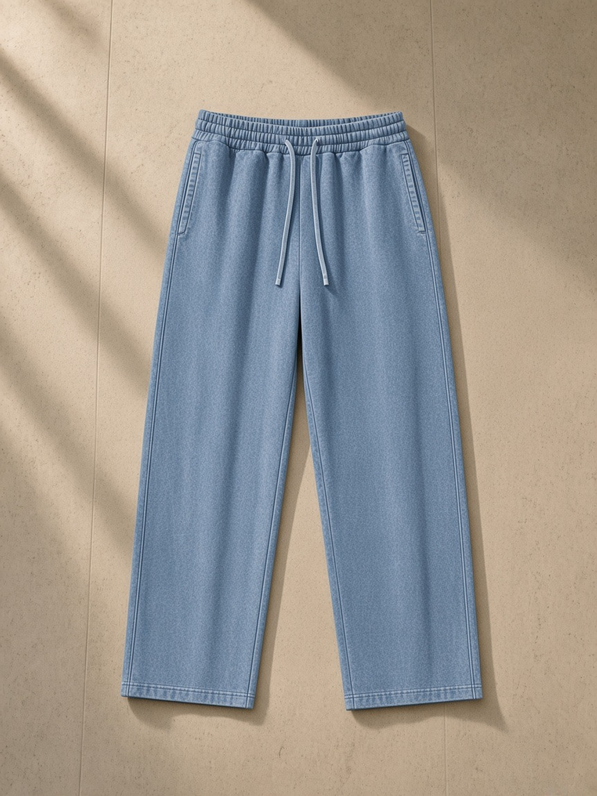Vintage Wash Sweatpants in Jeans Blue, laid flat on pale limestone