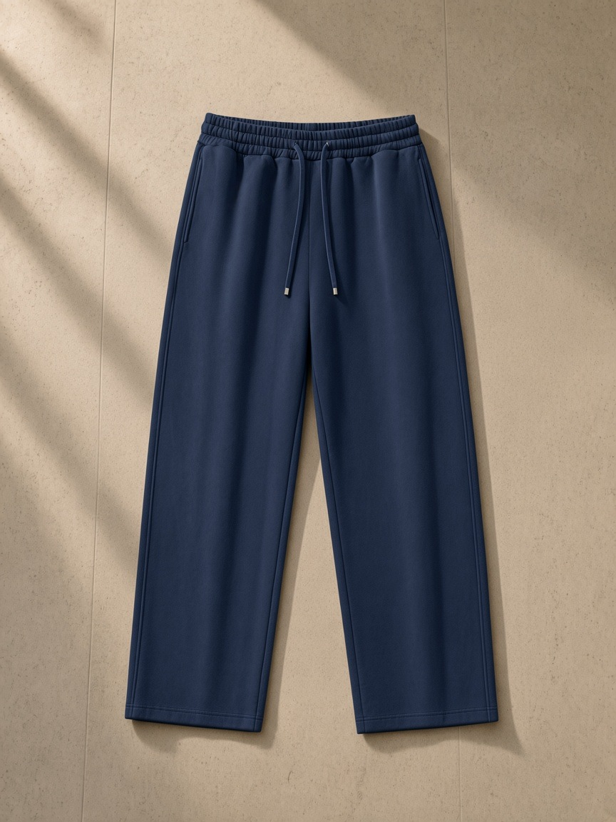 Unisex heavyweight sweatpants in Navy Blue, laid flat on pale limestone