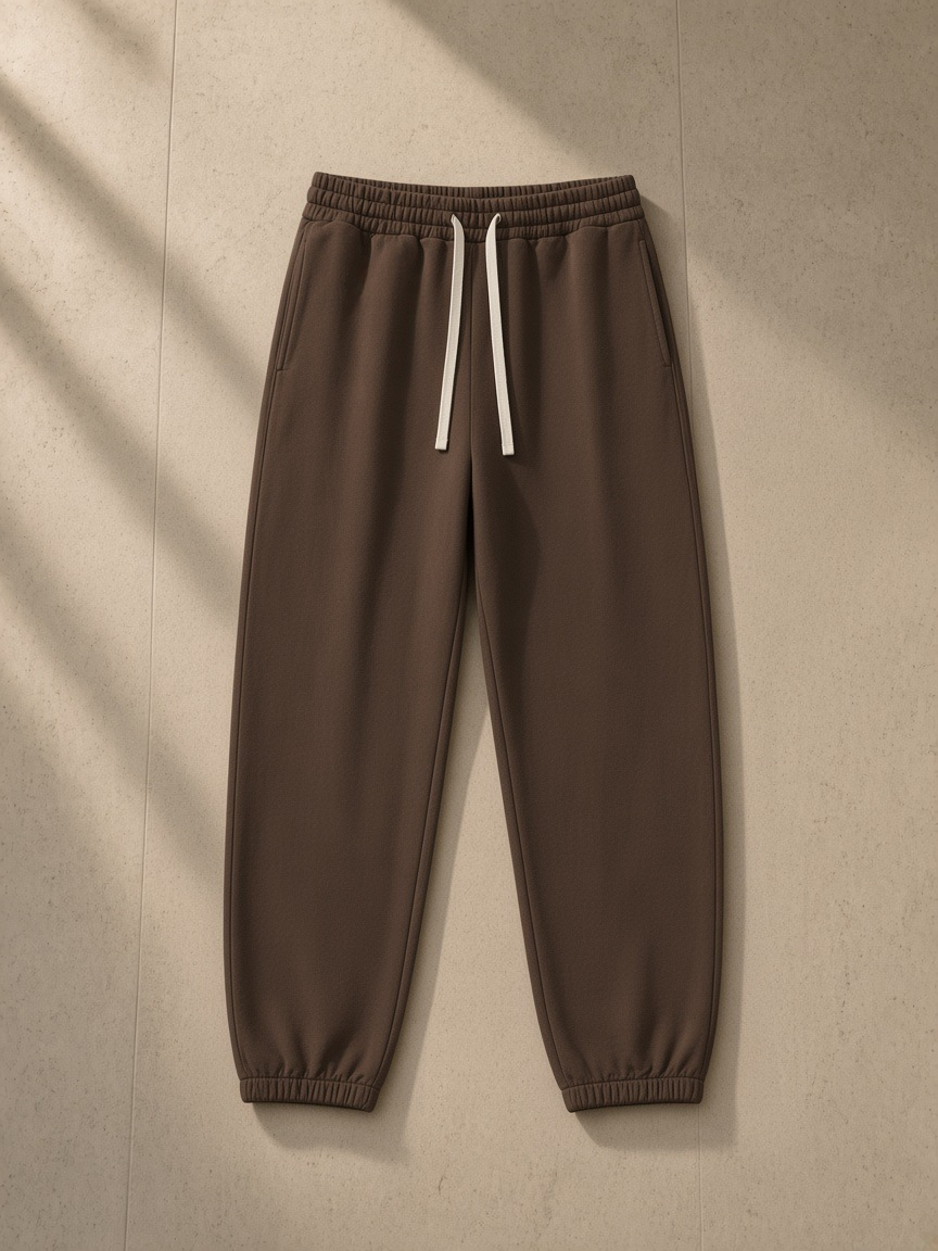 Essential Heavyweight Cotton Sweatpants in Coffee, laid flat on pale limestone