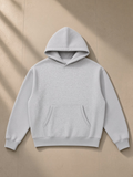 Oversized boxy fit fleece hoodie in Flower Gray, laid flat on pale limestone