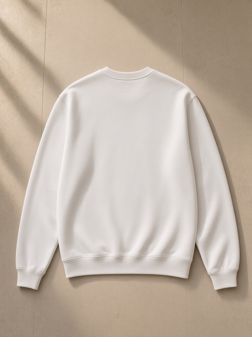 Streetwear Cotton Pullover in Lucent White, laid flat on pale limestone, back view