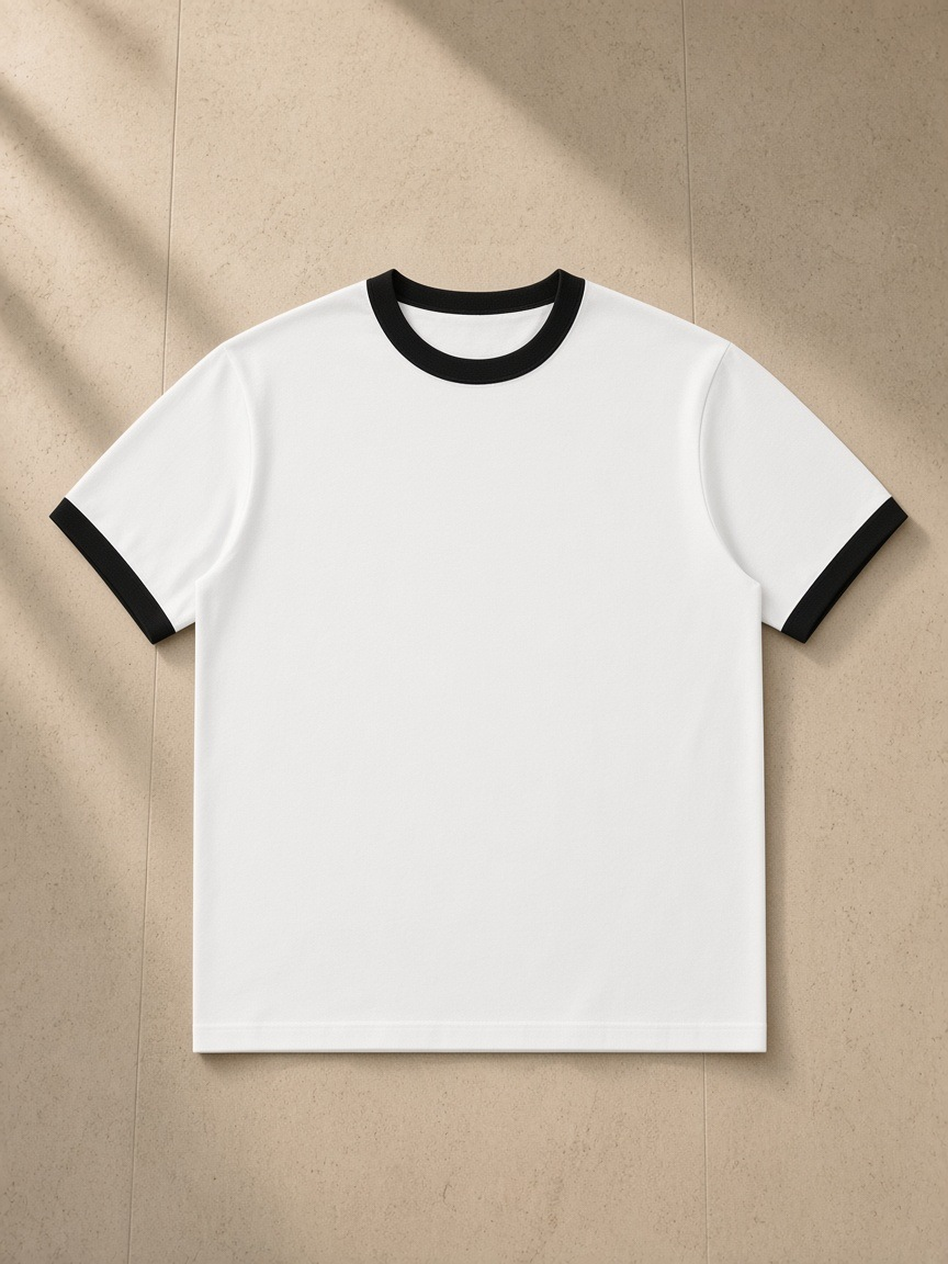 Unisex ringer t-shirt in White, laid flat on pale limestone