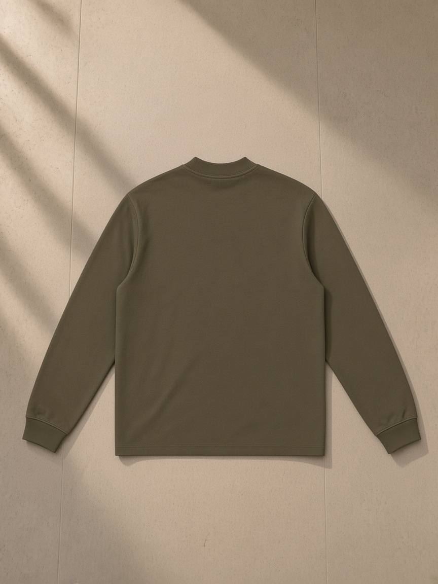 Non-shrink mock neck sweatshirt in Gray Green, laid flat on pale limestone, back view