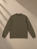 Non-shrink mock neck sweatshirt in Gray Green, laid flat on pale limestone, back view
